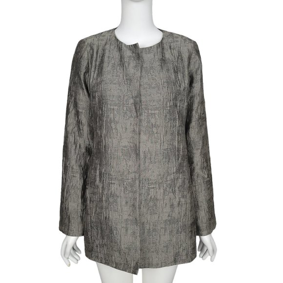 NWT EILEEN FISHER Jacket XS Gray Crinkle Jacquard Cotton Silk Open Front Pockets - Picture 1 of 13